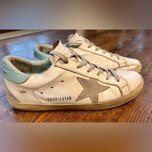 Golden Goose white leather sneakers with aqua blue. Used condition. Size 38/8